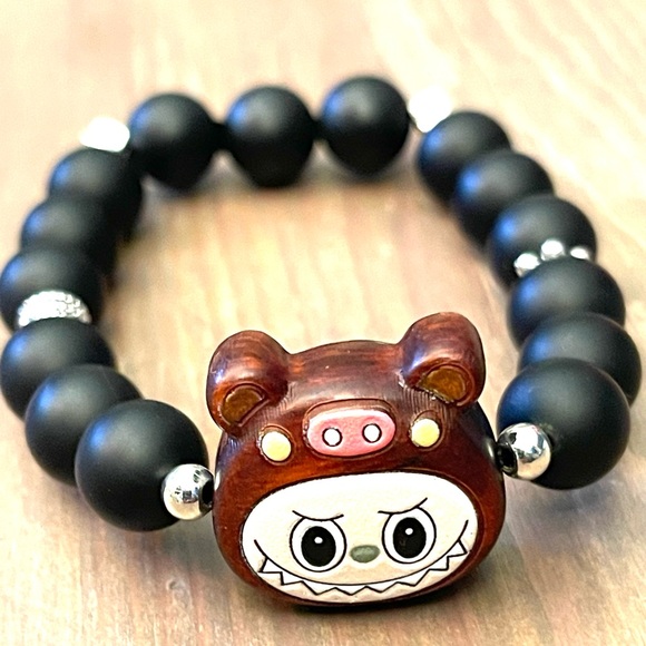 Black Obsidian with Labubu Charm Beaded Bracelet - Picture 4 of 6